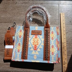 Wrangler Light Blue & Tan Navajo Canvas Tote Purse Handbag Southwestern NEW